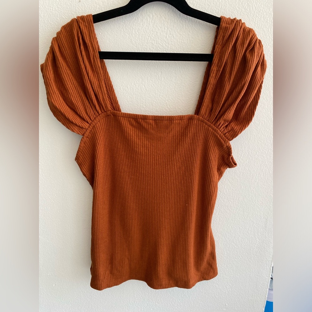 Anthropologie Brown and Orange Ribbed Puff Sleeve Blouse